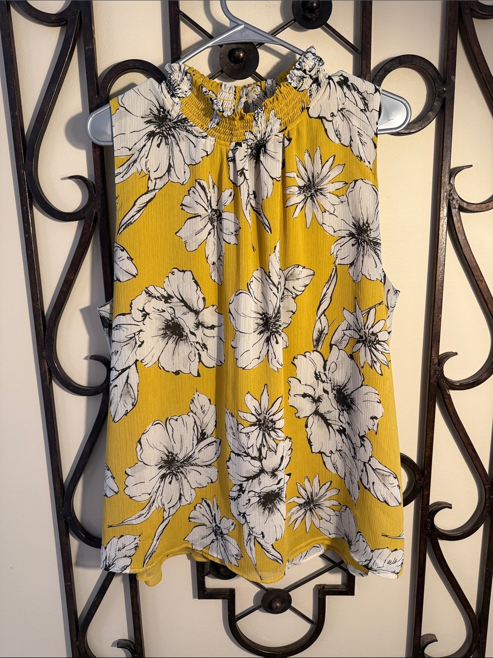 Ann Taylor Factory Yellow Floral Smocked-Neck Sleeveless Camisole